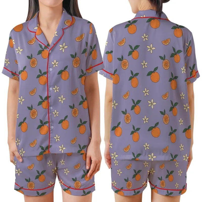 Citrus Lover's Whimsical Hand-Drawn Lavender Orange Blossom Blouse Satin Short-Sleeve Pajamas Set - 1