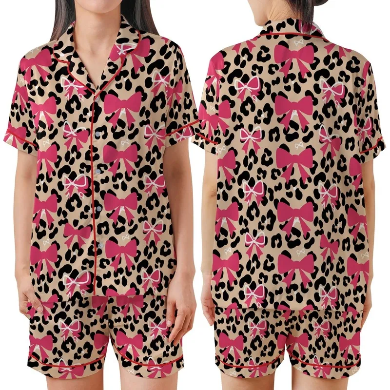 Women's Black Leopard Spots Hot Pink & White Bows Pattern Leggings Satin Short-Sleeve Pajamas Set - Ajazosydyb