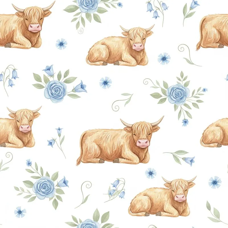 Highland Cow Fan Whimsical Watercolor Fluffy Highland Calves & Blue Rose Blooms Garment Satin Pajamas Set - 1