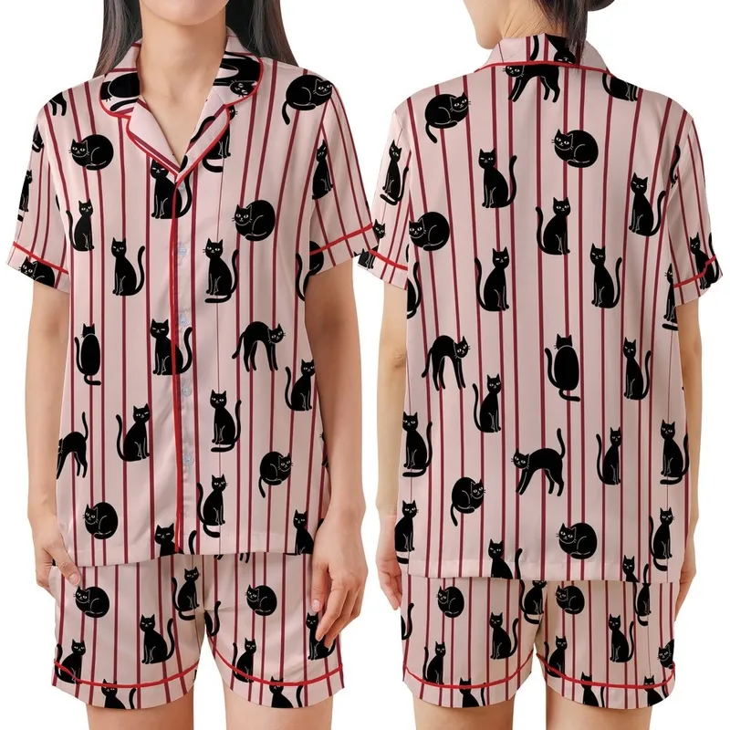 Cat Lover's Whimsical Black Cartoon Cats Thin Dark Red Stripes Pastel Pink Pattern Satin Short-Sleeve Pajamas Set - QQQXRcrcnM