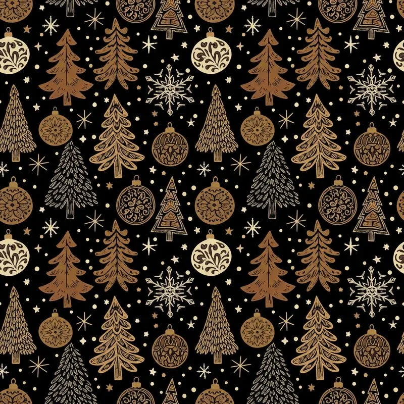 Vintage Christmas: Hand-Drawn Festive Trees & Baubles Pattern, Black & Gold Holiday Motif Satin Pajamas Set - 1