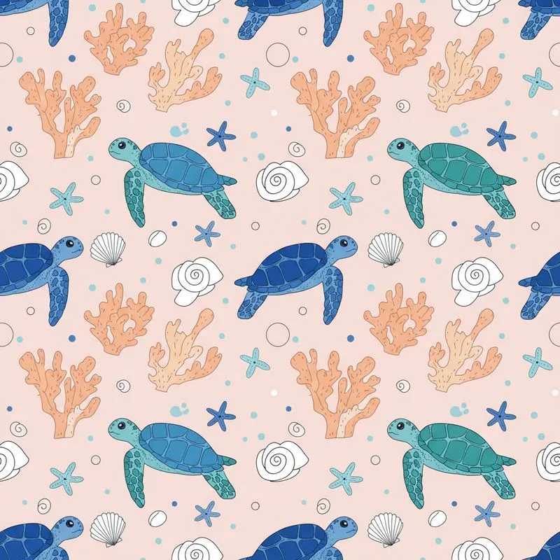 Pastel Undersea Whimsy: Blue Sea Turtles, Coral & Starfish Motif - Gentle Everyday Design Satin Pajamas Set - 1