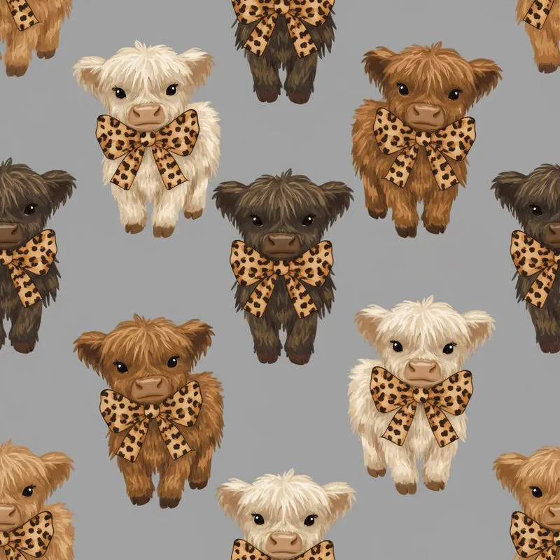 Adorable Highland Cow Calf: Fluffy Calf & Leopard Print Bow Pattern - Heather Grey Soft Essential Satin Pajamas Set - 1
