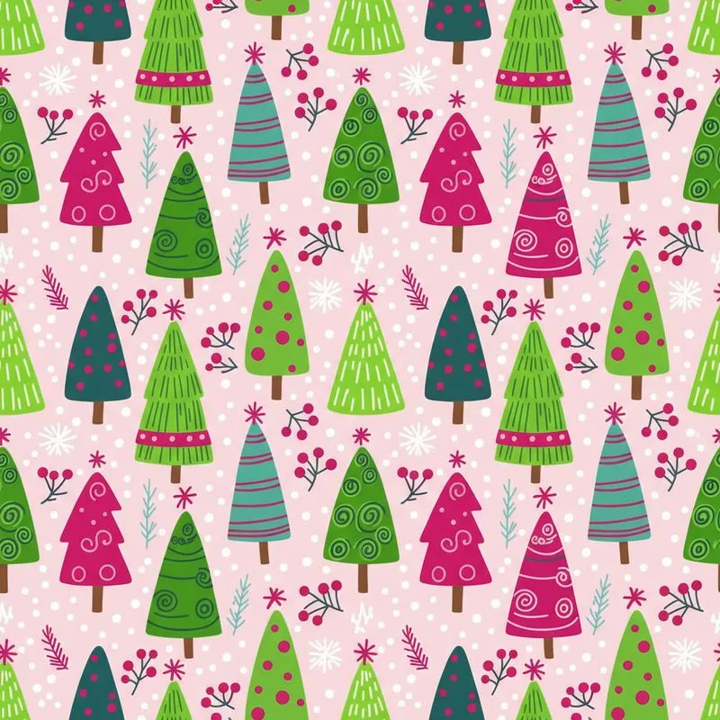 Whimsical Christmas Trees: Folk Art Polka Dot & Striped, Evergreen Sprigs, Pastel Pink Pattern Satin Pajamas Set - 1
