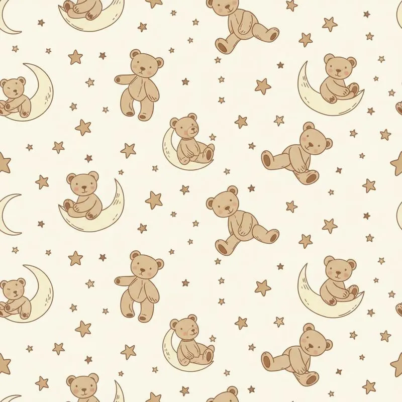 Whimsical Dreamer Cozy Sleep Set: Sleepy Teddy Bear & Celestial Moons Stars Pattern Satin Pajamas Set - 1