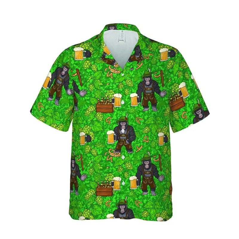 Primates Oktoberfest Hawaiian Pattern: Lederhosen Gorillas, Beer Steins, Hops, Pretzels, Emerald Green Short-sleeve Hawaiian Shirt - 1