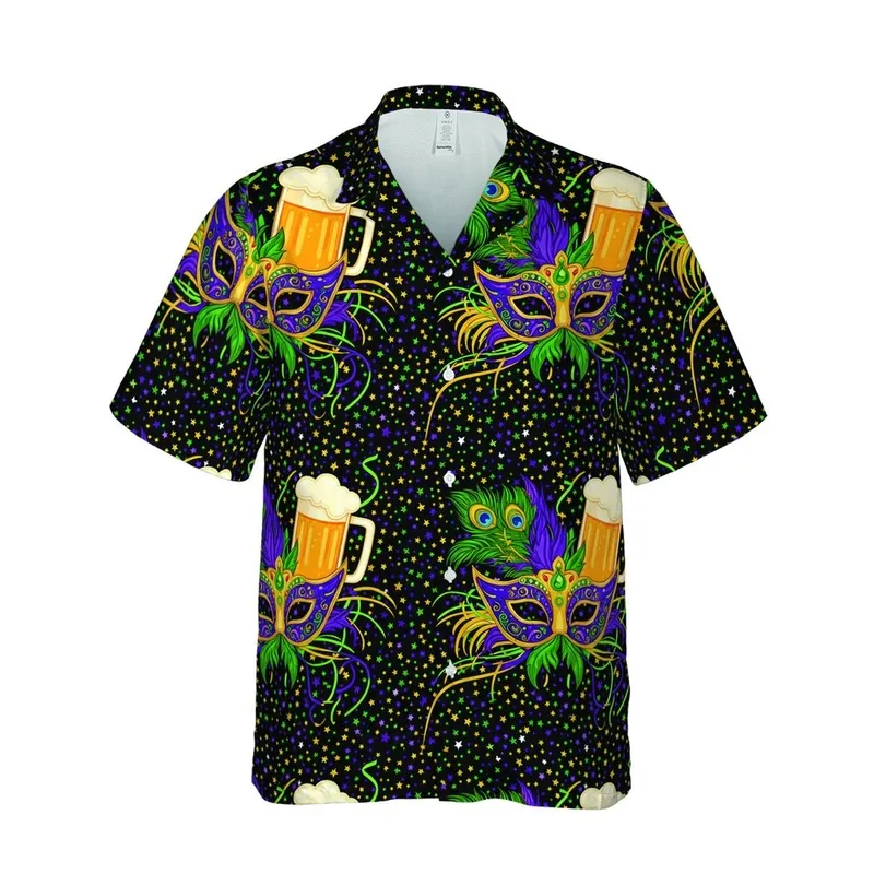 Mardi Gras Mask Tropical Sublimation Design | Gold Purple Green Beads, Beer Steins, Feathers Short-sleeve Hawaiian Shirt - 1