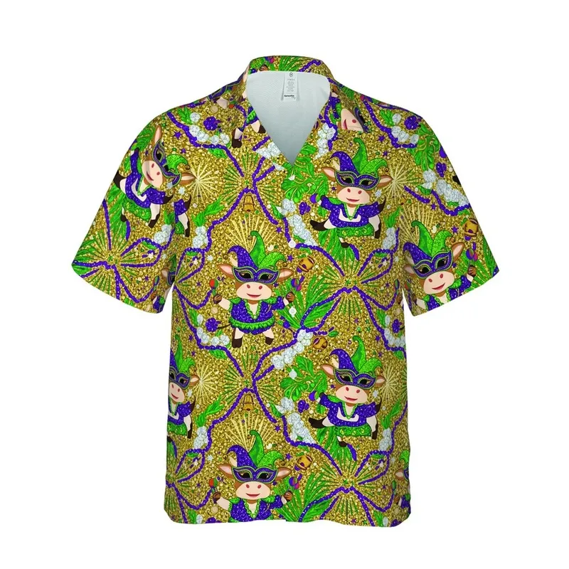 Hawaiian Chibi Cow Mardi Gras Print: Jester Hats, Feathered Masks, Glittery Costumes Design Short-sleeve Hawaiian Shirt - 1