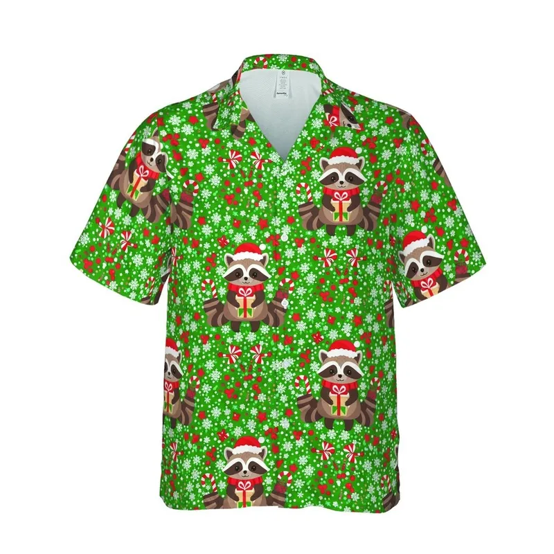 Raccoon Hawaiian Pattern Santa Hats Candy Canes Gifts Christmas Tree Snowflake Fabric Design Short-sleeve Hawaiian Shirt - 1