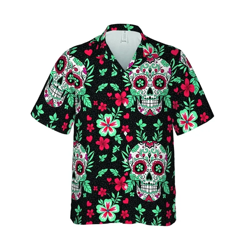 Hawaiian Skull Floral Design: Sugar Skulls, Tropical Blooms, Red Hearts, Black Mosaic, White, Turquoise, Fuchsia Short-sleeve Hawaiian Shirt - 1
