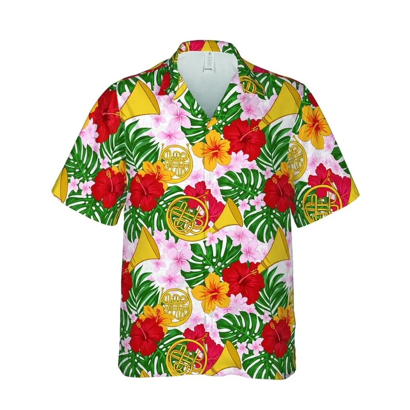 French Horn Tropical Pattern: Golden Horns, Deep Red Hibiscus, Pink & White Floral Design Short-sleeve Hawaiian Shirt - 1