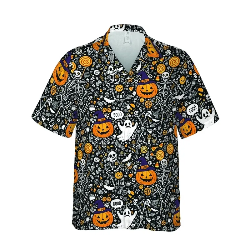 Hawaiian Halloween Jack-O'-Lantern Witch Hat Skeletons Ghosts Candy Bats Skull Print Short-sleeve Hawaiian Shirt - 1