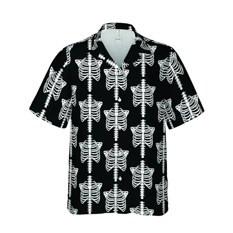 Alternative Fashion: Seamless White Skeletal Torsos Hawaiian Pattern - Deep Black Fabric Design Short-sleeve Hawaiian Shirt - 1