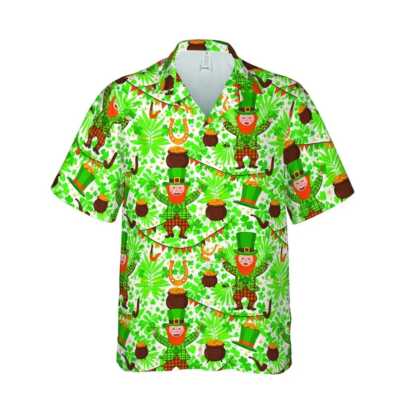 St. Patrick's Tropical Charm: Dancing Leprechauns, Gold Coins & Shamrocks Textile Short-sleeve Hawaiian Shirt - 1