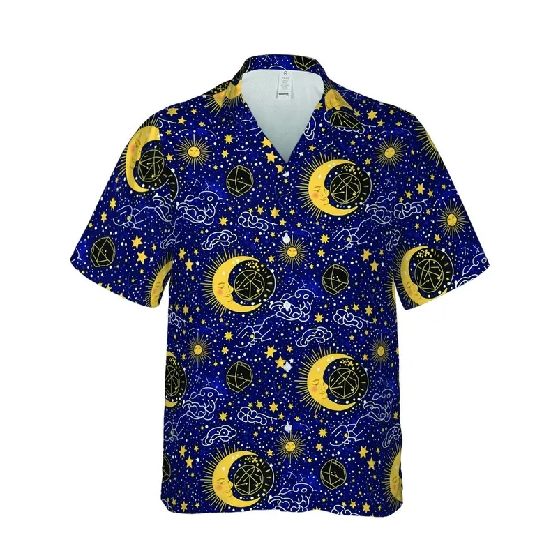 Cosmic Voyager's Golden Moon Sun Starburst Nebula Hawaiian Textile Art Design Short-sleeve Hawaiian Shirt - 1