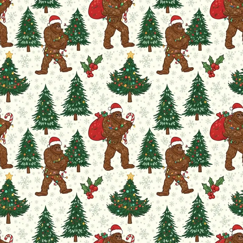 Holiday Bigfoot Hawaiian Pattern: Festive Yeti Forest, Snow Pines, Holly, Cream Red Green Tones Short-sleeve Hawaiian Shirt - 1