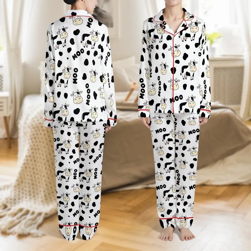 Curious Cartoon Cows: Happy Faces, Bold Black Spots, MOO Text - White Farm Pattern Satin Pajamas Set - 1