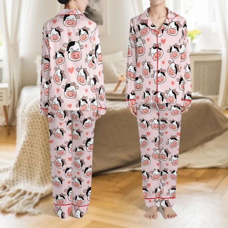 Happy Cow Lover's White & Pink Cow Heads, Hearts Pattern on Pastel Pink Attire Satin Pajamas Set - 1
