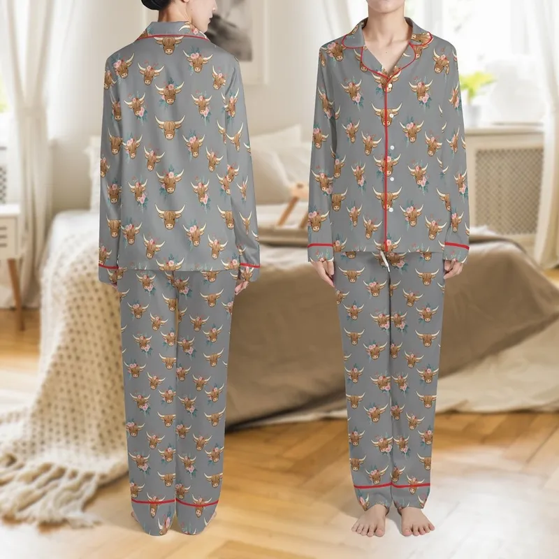 Highland Cow Heads with Shaggy Brown Fur, Blush Pink & Teal Floral, Muted Grey Pattern Satin Pajamas Set - 1