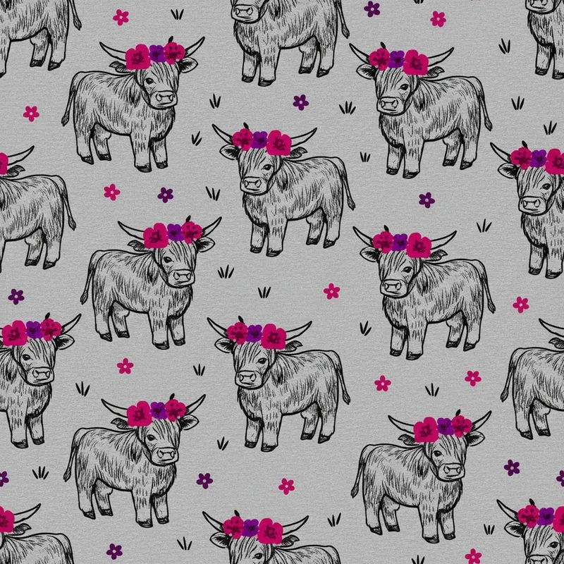 Highland Calf Design: Black Line Art Calves, Fuchsia Purple Flower Crowns, Heather Gray Satin Pajamas Set - 1
