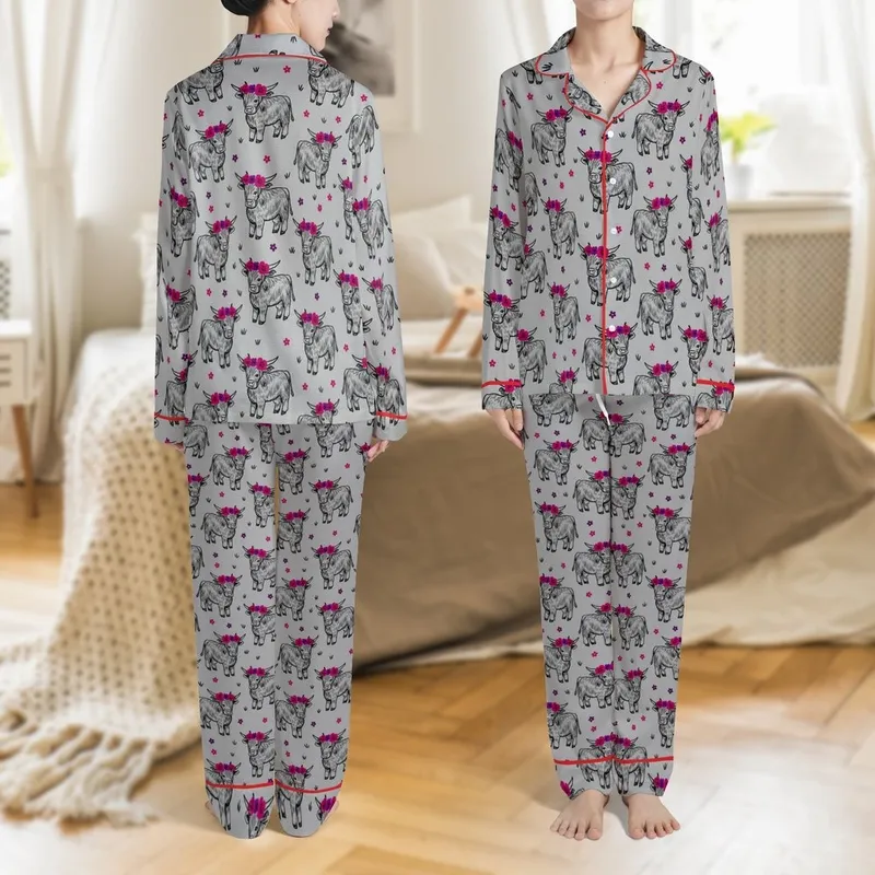 Highland Calf Design: Black Line Art Calves, Fuchsia Purple Flower Crowns, Heather Gray Satin Pajamas Set - 1
