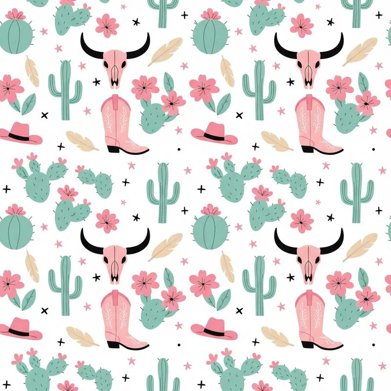 Western Dreamer: Pink Cowboy Boots, Bull Skulls & Teal Cactus Bloom – Desert Fashion Piece Satin Pajamas Set - 1