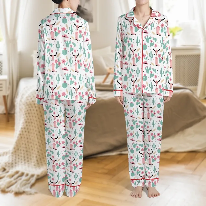 Western Dreamer: Pink Cowboy Boots, Bull Skulls & Teal Cactus Bloom – Desert Fashion Piece Satin Pajamas Set - 1