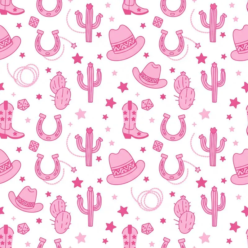 Pink Cowgirl Western Theme: Boots Hats Horseshoes Cactus Stars Lasso White Design Satin Pajamas Set - 1