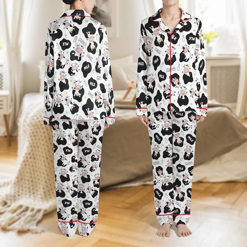 Dairy Fan's All-Over Scattered Cartoon Cows Holstein Milk MOO Black White Pink Pattern Satin Pajamas Set - 1