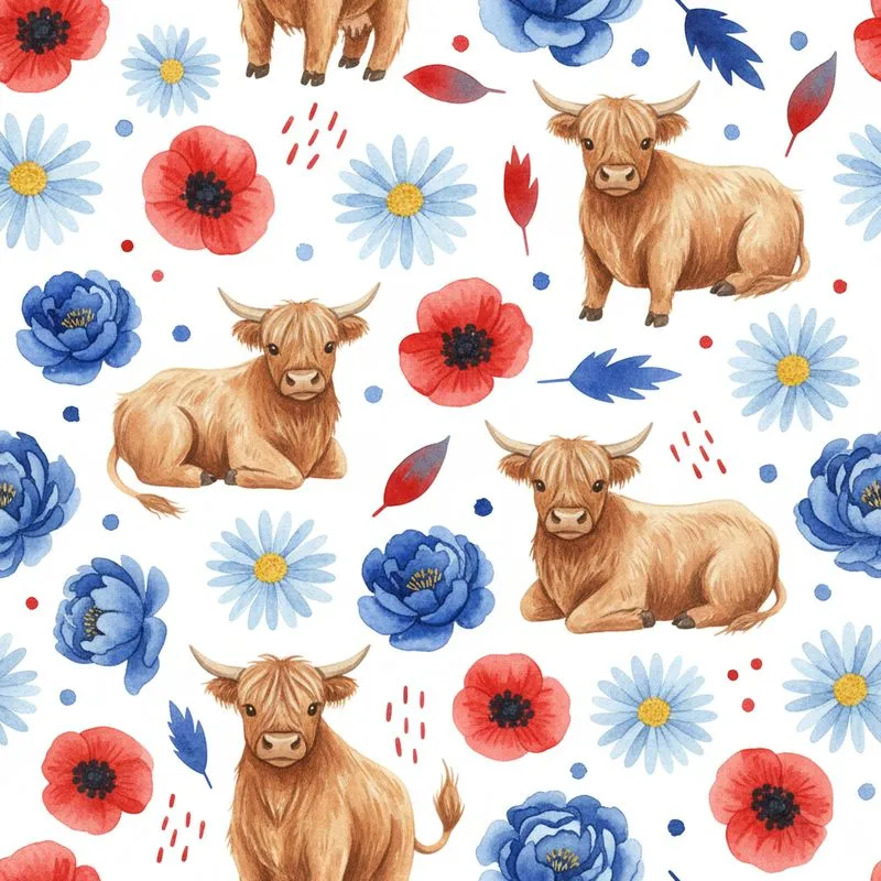 Highland Cow Fan: Hand-painted Watercolor Fluffy Cows, Red Poppies, Cobalt Peonies Pattern Satin Pajamas Set - 1