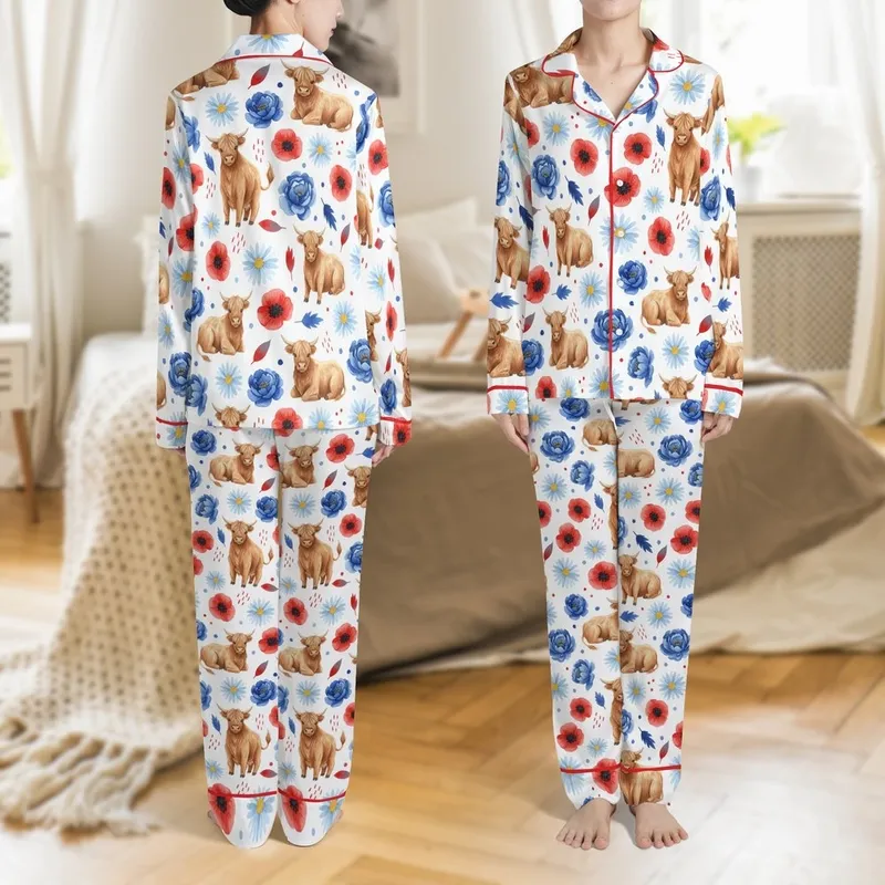 Highland Cow Fan: Hand-painted Watercolor Fluffy Cows, Red Poppies, Cobalt Peonies Pattern Satin Pajamas Set - 1