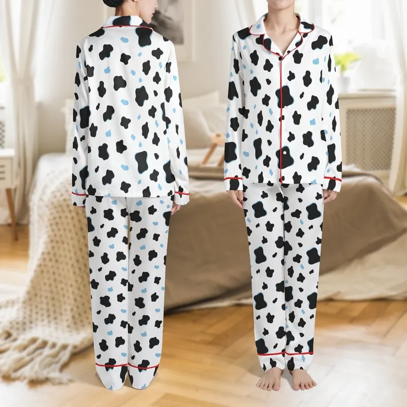 Contemporary Black White Cow Spots Pattern: Irregular Shapes, Light Blue Accents - Organic Look Satin Pajamas Set - 1