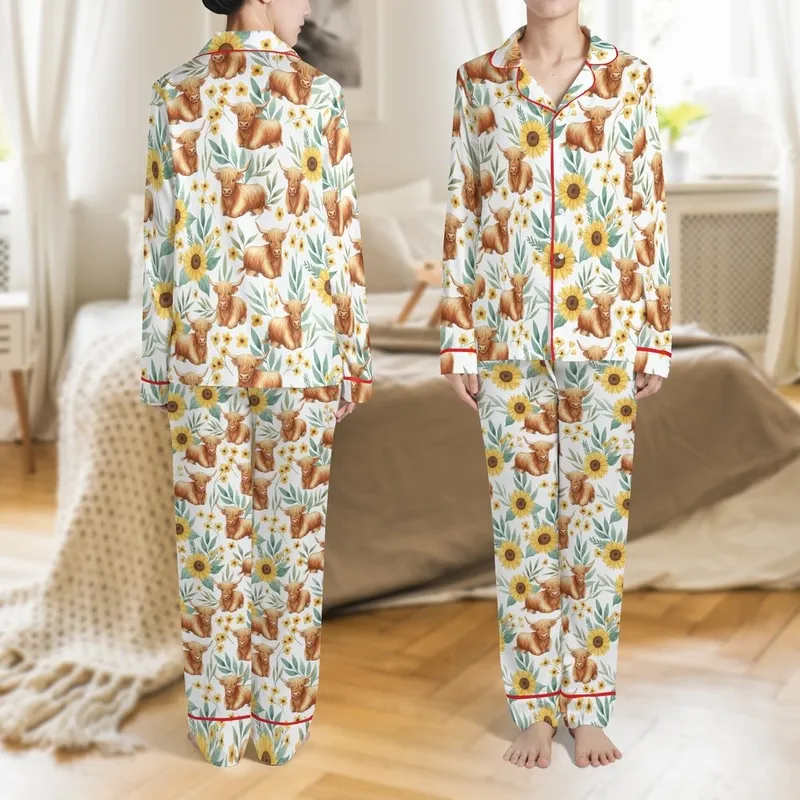 Highland Cow Lover Seamless Flat Watercolor Rust Brown Cow Yellow Sunflower Teal Green Foliage Satin Pajamas Set - 1