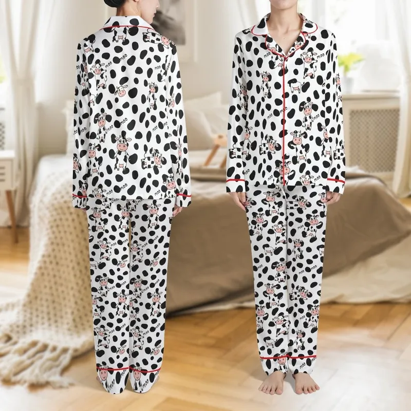 Farm Animal Bovine Pattern: White Field Black Rounded Spots, Pink Snout Brown Hoof Cows, 'Moo' Word Repeat Satin Pajamas Set - 1