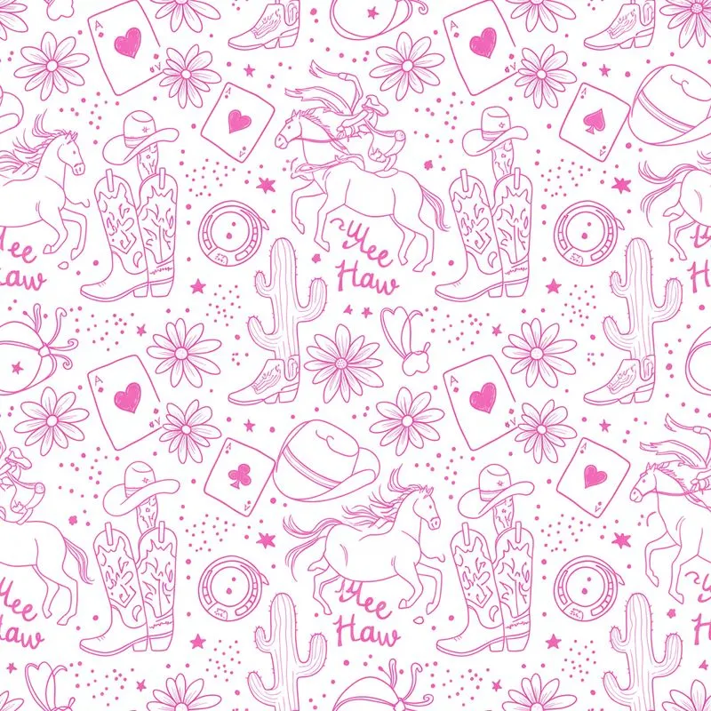 Western Ranch Fuchsia Outline Cowboy Boots Galloping Horses Hats Daisy Cacti Pattern Satin Pajamas Set - 1