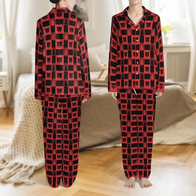 Outdoorsman's All-Over Red Black Buffalo Plaid Pine Tree Bear Head Silhouettes Satin Pajamas Set - 1