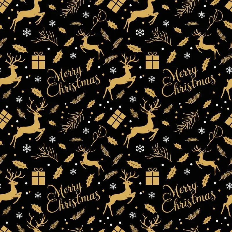 Holiday Deep Black Gold Reindeer Merry Christmas Holly Snowflake Pine Gift Box Design Satin Pajamas Set - 1