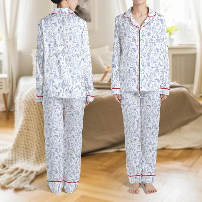 Western Life Admirer Electric Blue Wild Horses Saguaro Cacti Longhorn Skulls Rattlesnake Satin Pajamas Set - 1