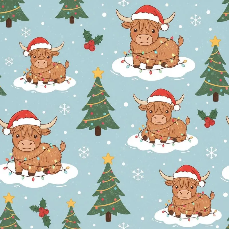 Holiday Highland Cow Red Santa Hat Multi-Color Lights Blue Snow Snowflake Christmas Tree Design Satin Pajamas Set - 1
