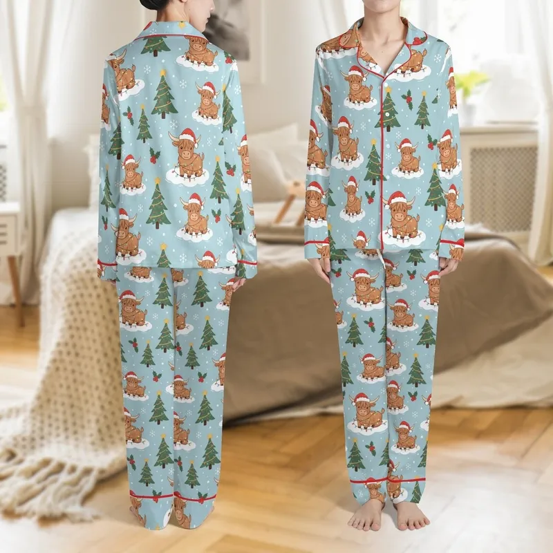 Holiday Highland Cow Red Santa Hat Multi-Color Lights Blue Snow Snowflake Christmas Tree Design Satin Pajamas Set - 1