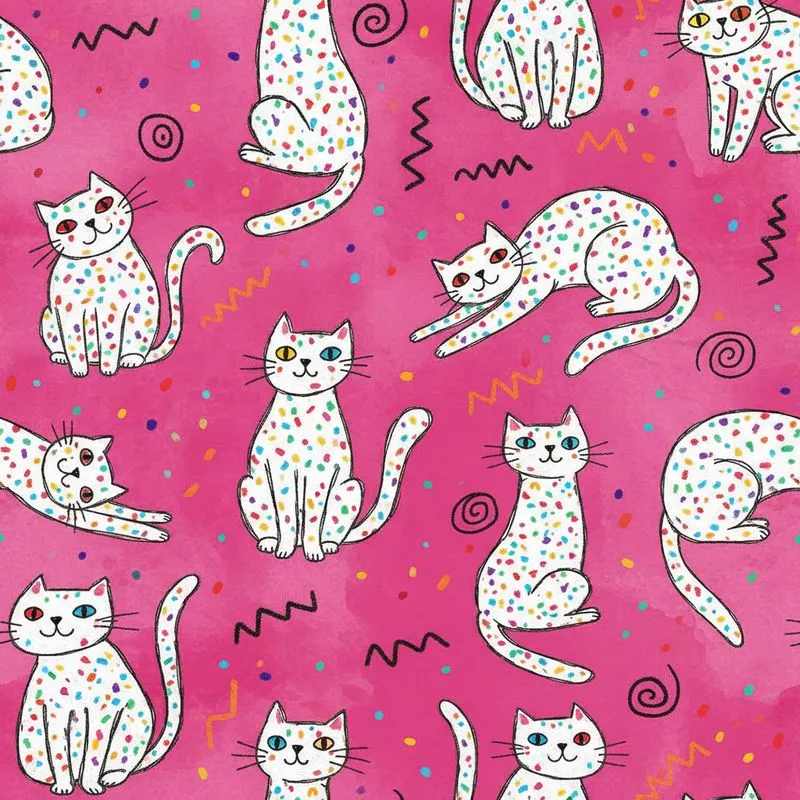 Cat Lover's Hand-Drawn White Cats Pattern – Fuchsia Background, Confetti Dots & Scribble Texture Satin Pajamas Set - 1