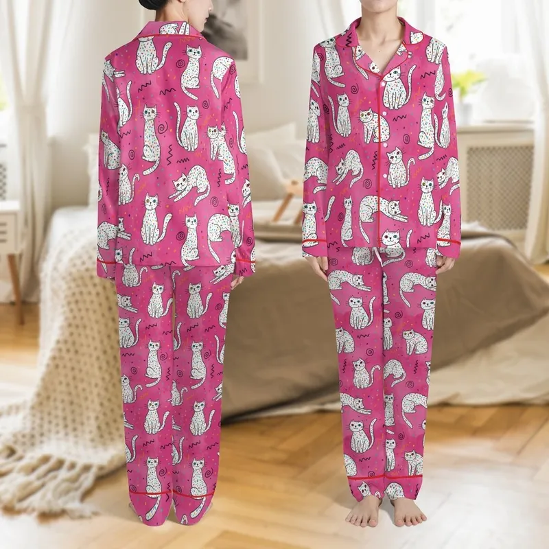 Cat Lover's Hand-Drawn White Cats Pattern – Fuchsia Background, Confetti Dots & Scribble Texture Satin Pajamas Set - 1