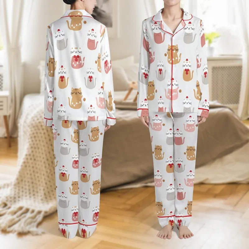 Winter Cats: Santa Hats, Red Hearts, Yarn Balls, String Lights, Snowflakes Motif Satin Pajamas Set - 1