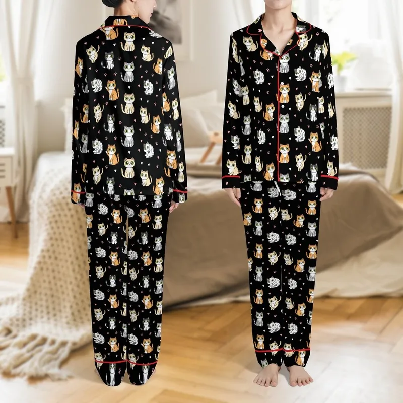 Cat Lover's Chibi Cats Black Background Lime Green Eyes Pink Paws White Hearts Textile Motif Satin Pajamas Set - 1