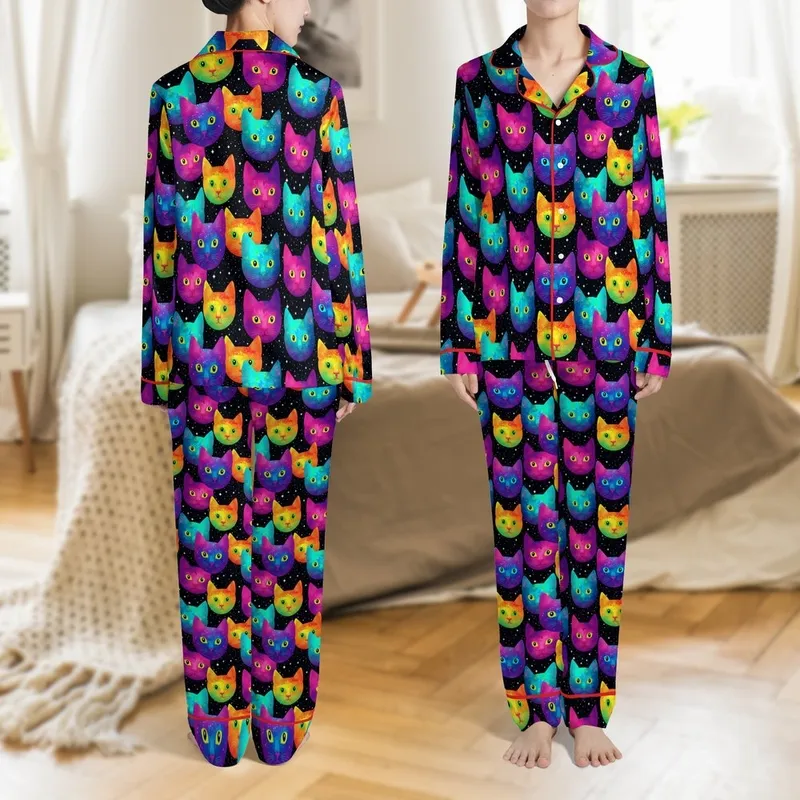Cosmic Cat Faces: Illustrative Galactic Nebulae Fur, Neon Eyes, Black Starry Design Satin Pajamas Set - 1