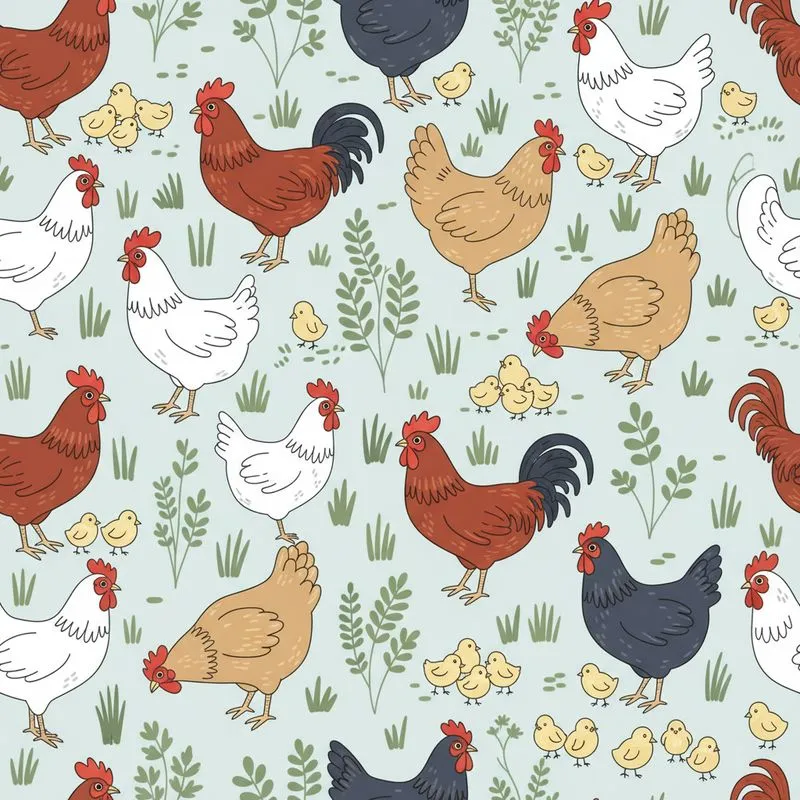 Red Rooster White Hen Indigo Hen Pale Yellow Chick Farmyard Green Foliage Blue-Grey Pattern Satin Pajamas Set - 1