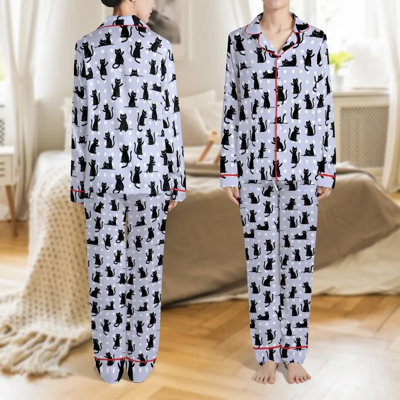 Cat Lover's Black Cartoon Cats Posing Allover Pattern Light Lavender White Polka Dot Motif Satin Pajamas Set - 1