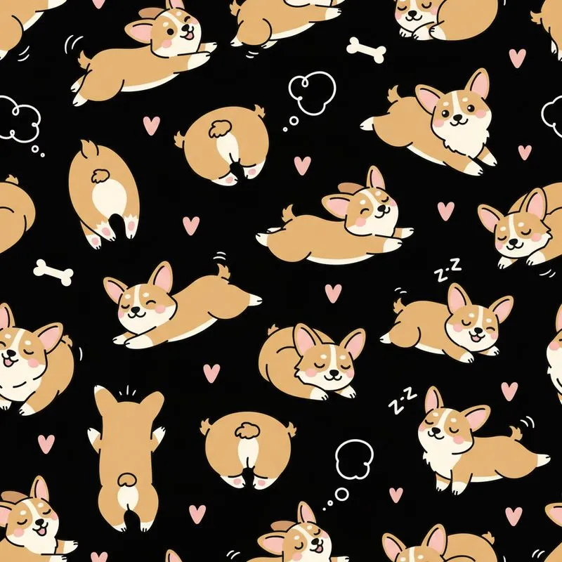 Pembroke Welsh Corgi Figures: Frolicking, Napping Corgis, Pink Hearts, White Bones on Black Satin Pajamas Set - 1