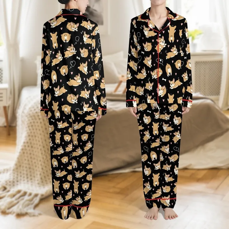 Pembroke Welsh Corgi Figures: Frolicking, Napping Corgis, Pink Hearts, White Bones on Black Satin Pajamas Set - 1