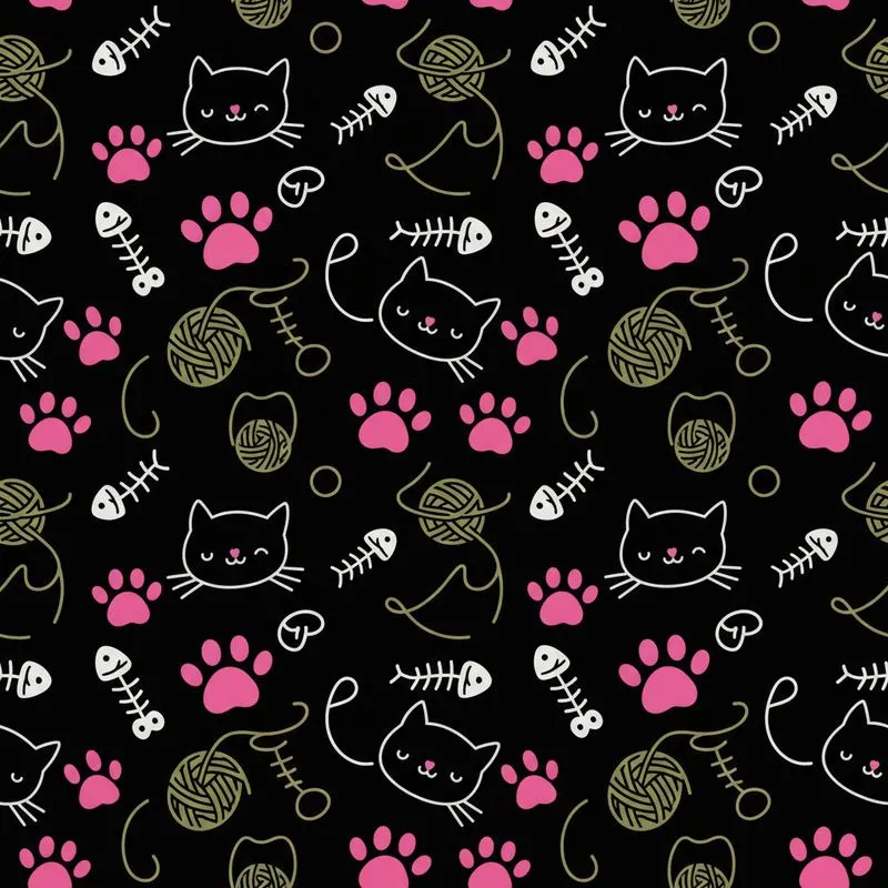 Feline Fan's Whimsical Cat Faces, Pink Paw Prints, White Fish, Muted Yarn Design Satin Pajamas Set - 1